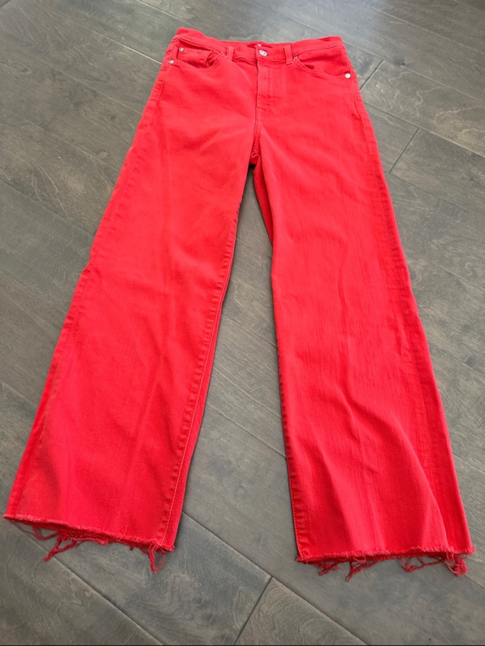 7 For All Mankind Red Wide-Leg Jeans with Frayed Hem